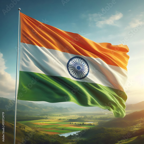 India flag flying high at Connaught Place with pride in blue sky, India flag fluttering, Indian Flag on Independence Day and Republic Day of India, tilt up shot, Waving Indian flag, Har Ghar Tiranga
