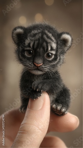Tiny tiger cub balanced delicately on a human finger shows off its cute face and endearing expression