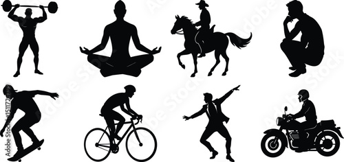 Man various activity silhouette set. Running, jumping, cycling, gym, yoga, sports, riding bundle vector isolated on transparent background