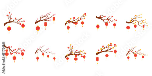 Set of chinese lantern with blossoms tree. Chinese new year lantern for corner decoration. Vector isolated.