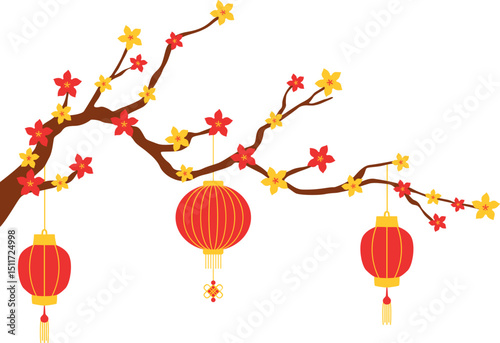 Chinese lantern with blossoms tree. Chinese new year lantern for corner decoration. Vector isolated.
