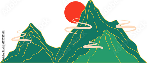 Chinese mountain landscape illustration. Mountain landscape with chinese oriental style. Vector isolated.