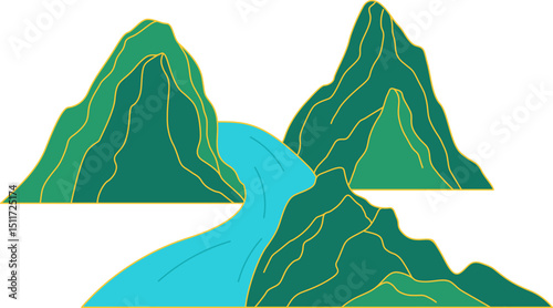 Chinese mountain landscape illustration. Mountain landscape with chinese oriental style. Vector isolated.