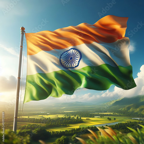 India flag flying high at Connaught Place with pride in blue sky, India flag fluttering, Indian Flag on Independence Day and Republic Day of India, tilt up shot, Waving Indian flag, Har Ghar Tiranga
