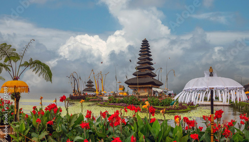 Surrounded by beautiful gardens, the Ulun Danu tempüle complex, Beratan lake, Bali, Indonesia photo