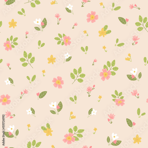 Cute seamless pattern with apple tree, rose hip flowers. Vector floral texture on beige background. Pattern for wrapping paper or textile.