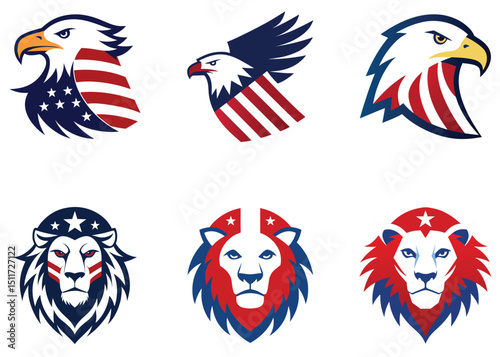 Dynamic American Eagle and Patriotic Lion Head Logos for Sports, Brands, and National Theme Bundle