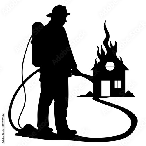 Firefighter Spraying Hose at Burning House Silhouette – Emergency Rescue