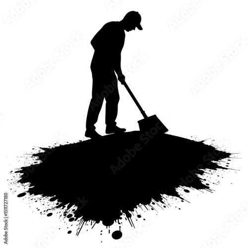 Worker Smoothing Concrete Silhouette with Broom – Construction Surface Finish