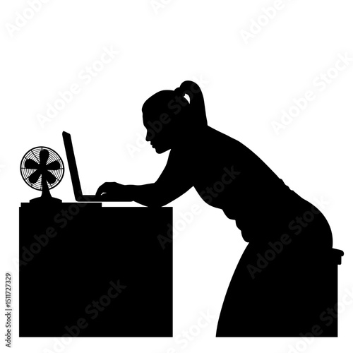 Person at Desk with Laptop and Fan Silhouette – Summer Relief at Work
