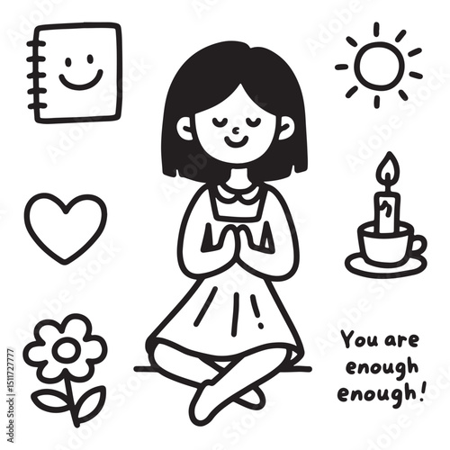 Meditating Girl with Positive Symbols and Affirmation