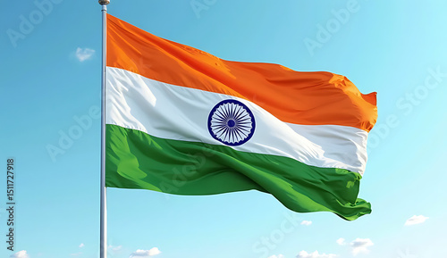 India flag flying high at Connaught Place with pride in blue sky, India flag fluttering, Indian Flag on Independence Day and Republic Day of India, tilt up shot, Waving Indian flag, Har Ghar Tiranga
