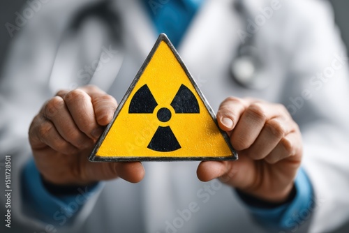 A person in a lab coat holds a yellow triangular radioactive warning sign, emphasizing radiation hazard awareness.