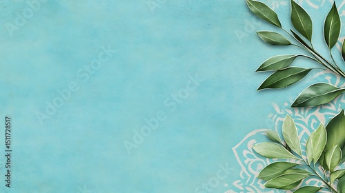 Light teal background with green leaves and delicate design