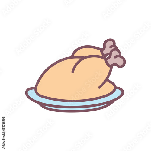 Roasted turkey on plate. Traditional festive poultry dish often served during fall holidays like Thanksgiving. Cute hand drawn illustration on white background. Vector 10 EPS.