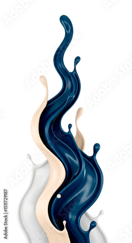 Abstract fluid waves in white, beige, and dark blue swirl upward, forming a dynamic composition on a transparent background
