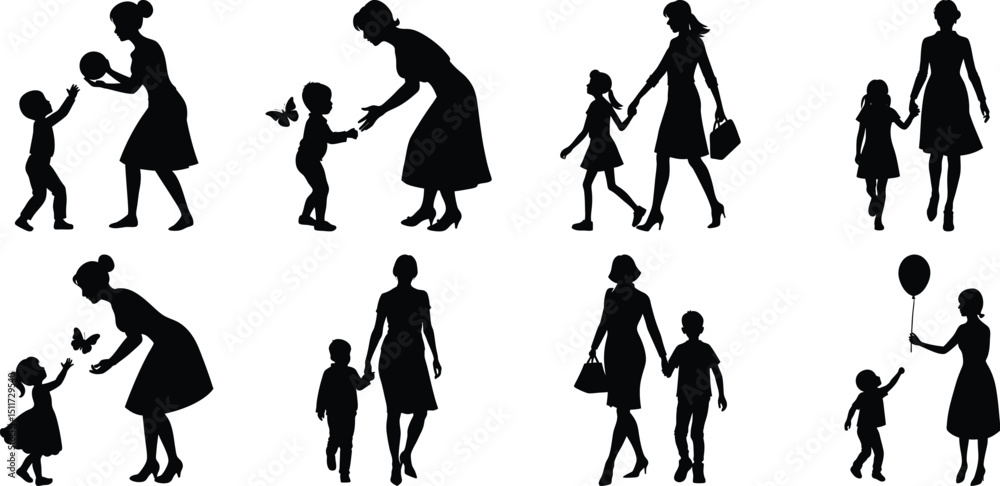 Fototapeta premium Happy Mothers' Day silhouette set. Mom and children activity vector bundle isolated on transparent background