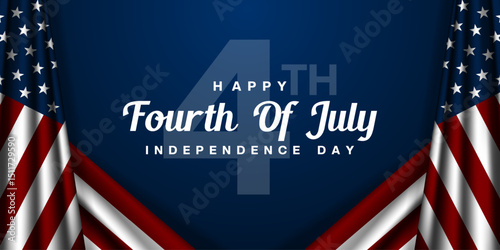 Fourth Of July Is Independence Day. American flags and number four. Great for posters, banners and social media. Blue background.