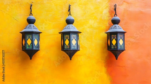 Three hanging lanterns against a vibrant wall