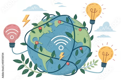 A cartoon globe with wifi symbol, lightbulbs, leaves, and lightning bolts on a white background
