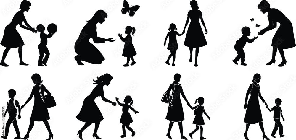 Fototapeta premium Happy Mothers' Day silhouette set. Mom and children activity vector bundle isolated on transparent background