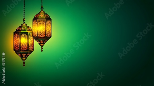 Ornate lanterns hanging, glowing warmly on a deep green background