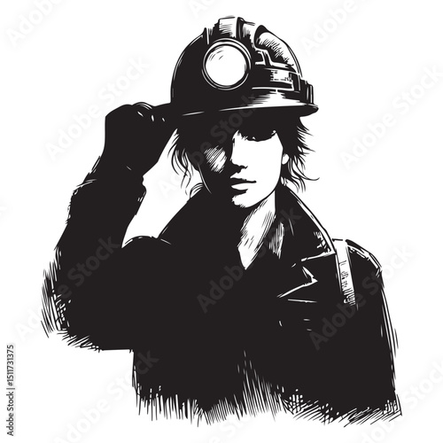 Female Coal Miner Silhouette Illustration with Safety Helmet Vintage Style