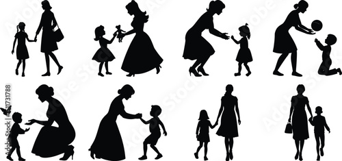 Happy Mothers' Day silhouette set. Mom and children activity vector bundle isolated on transparent background