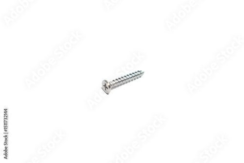 One self-tapping screw with sharp tip and Phillips head isolated on white.