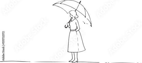 Hand-drawn cartoon vector illustration of a smiling girl holding an umbrella in the autumn rain