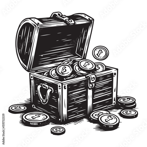 Open Treasure Chest Filled with Coins An Adventure Themed Illustration