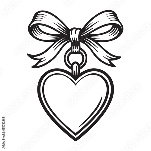 Heart shaped locket pendant with decorative ribbon black and white illustration