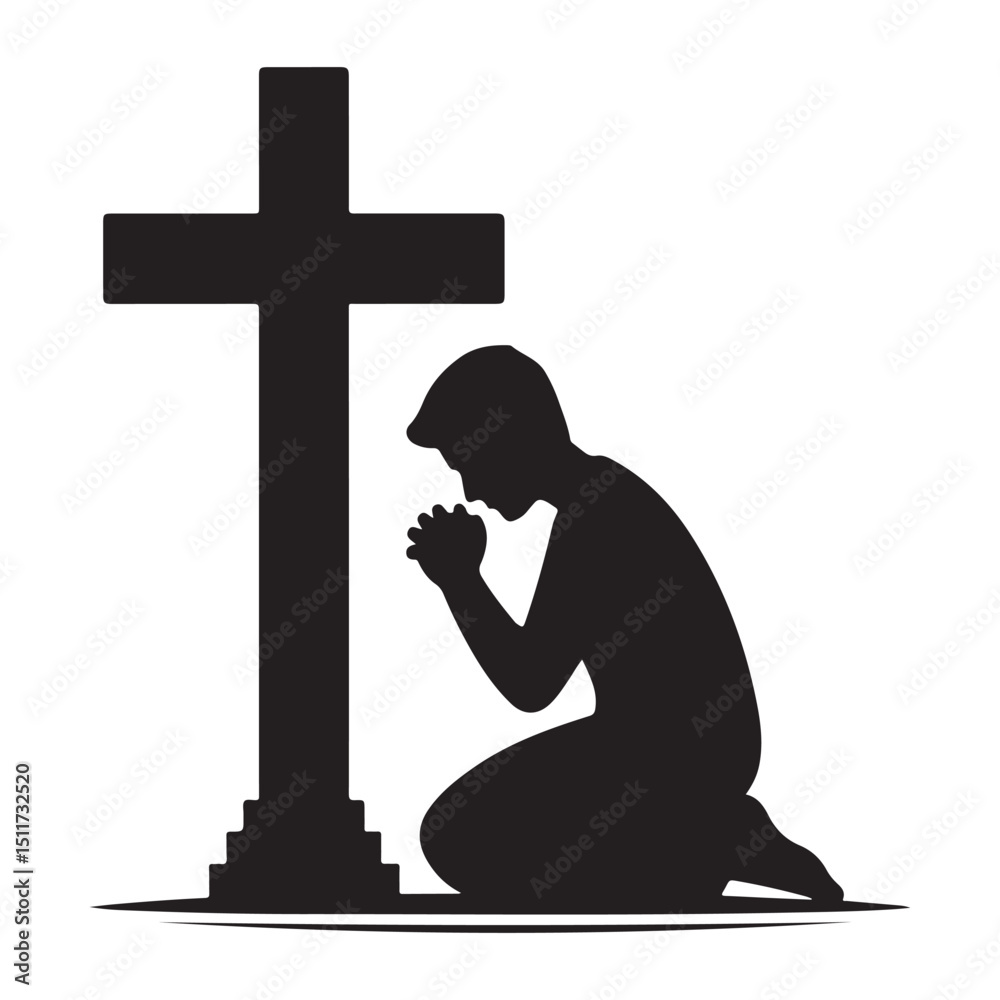 Praying Man Silhouette At Cross Devotion And Faith Illustration