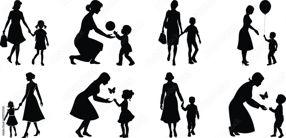Fototapeta premium Happy Mothers' Day silhouette set. Mom and children activity vector bundle isolated on transparent background