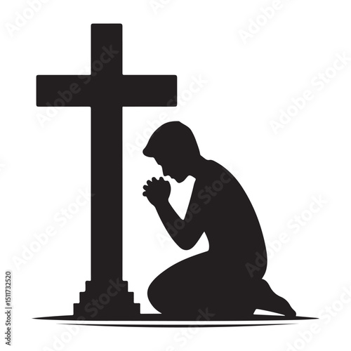 Praying Man Silhouette At Cross Devotion And Faith Illustration