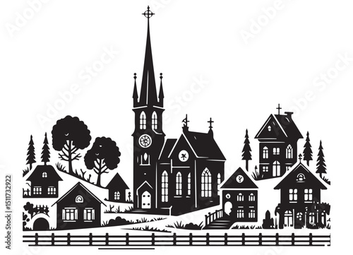 Charming Village Scene Illustration Rural Town Silhouette Church Landscape