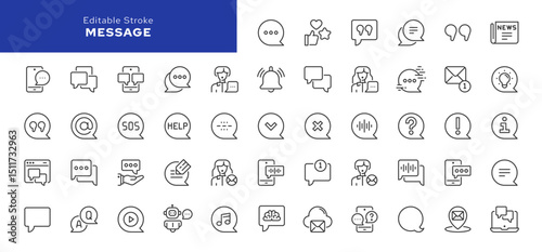 Message line icon set. Talking bubble, conversation, discussion, dialogue, chat, social networks, text, video, audio message. Internet communication.Outline icon in linear style.Vector collection.	