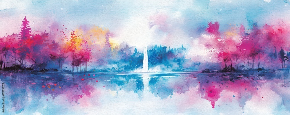 Naklejka premium Vibrant watercolor landscape of colorful trees reflected in a tranquil lake with a waterfall in the distance.
