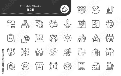 B2B line icon set. Business to business, business model, sales model, company, work of organizations, sale of products and more. Outline icon in linear style. Vector collection.