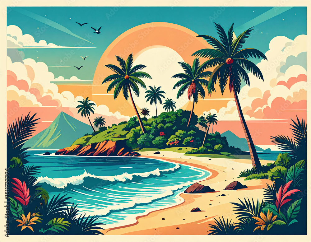 Obraz premium A vibrant tropical island with tall palm trees, gentle ocean waves, and a colorful sunset sky offers a peaceful and picturesque escape into nature’s beauty and tranquility.