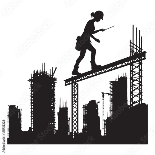 Female Construction Worker Silhouette Vector on High Rise Buildings