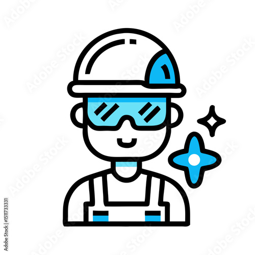Happy construction worker illustration wearing helmet and safety glasses on a white background
