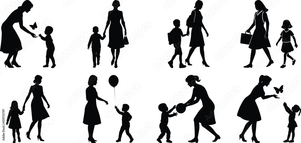 Fototapeta premium Happy Mothers' Day silhouette set. Mom and children activity vector bundle isolated on transparent background