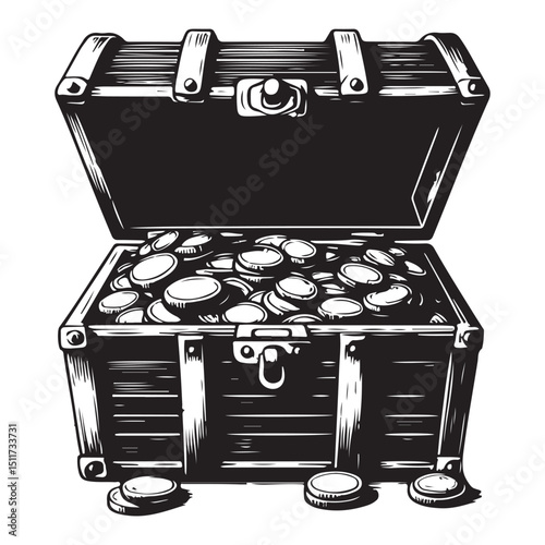 Treasure chest with gold coins vintage vector illustration design