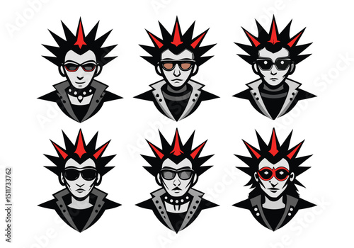 Punk Rock Hairstyle Illustrations Six Unique Mohawks for Design Projects