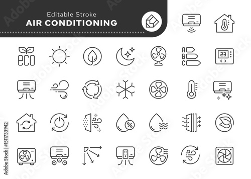 Air conditioning line icon set. Air conditioner, fan, wind, cooling and heating appliance, air cleaner, climate control, blow and more. Outline icon in linear style. Vector collection.	