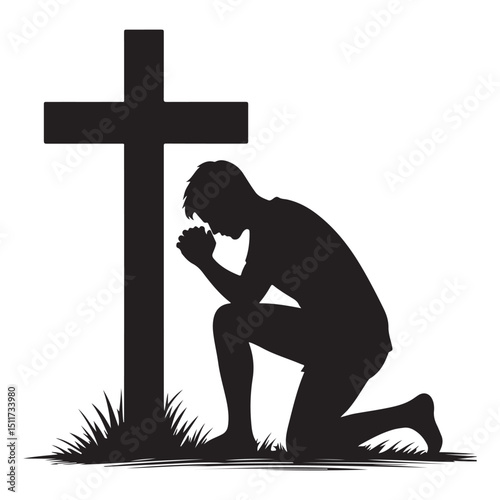 Man Praying at Cross Illustration Silhouette Vector Image Download