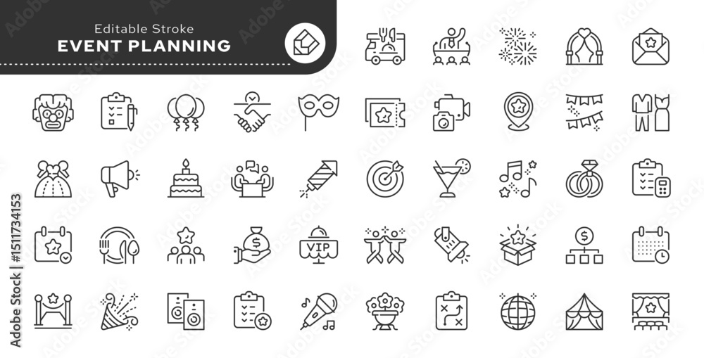 Event planning line icon set. Event organization, holiday, catering, guests, invitation, entertainment, celebration, decoration and more. Outline icon in linear style. Vector collection.	