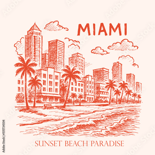hand drawn sketch graphics Miami Beach printing design. Summer vibes artwork. summer t shirt designs ,vector t shirt design summer. t-shirt prints and other uses.