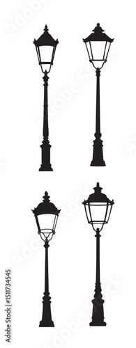 Dogs and Street Lamps Silhouette - Black and White Vector Illustration